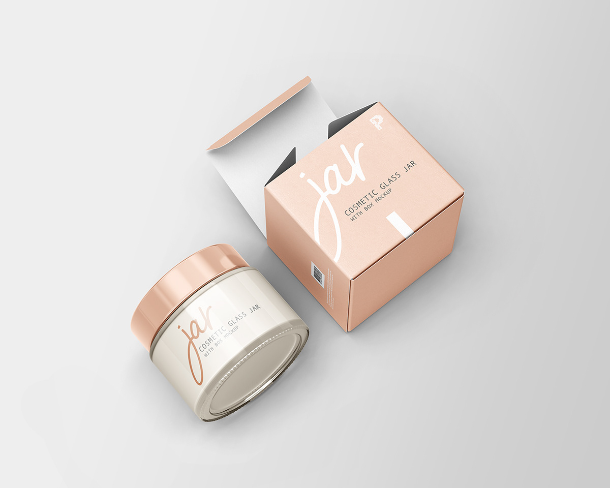 branding  Cosmetic free freebie glass jar Mockup Packaging paper box psd template