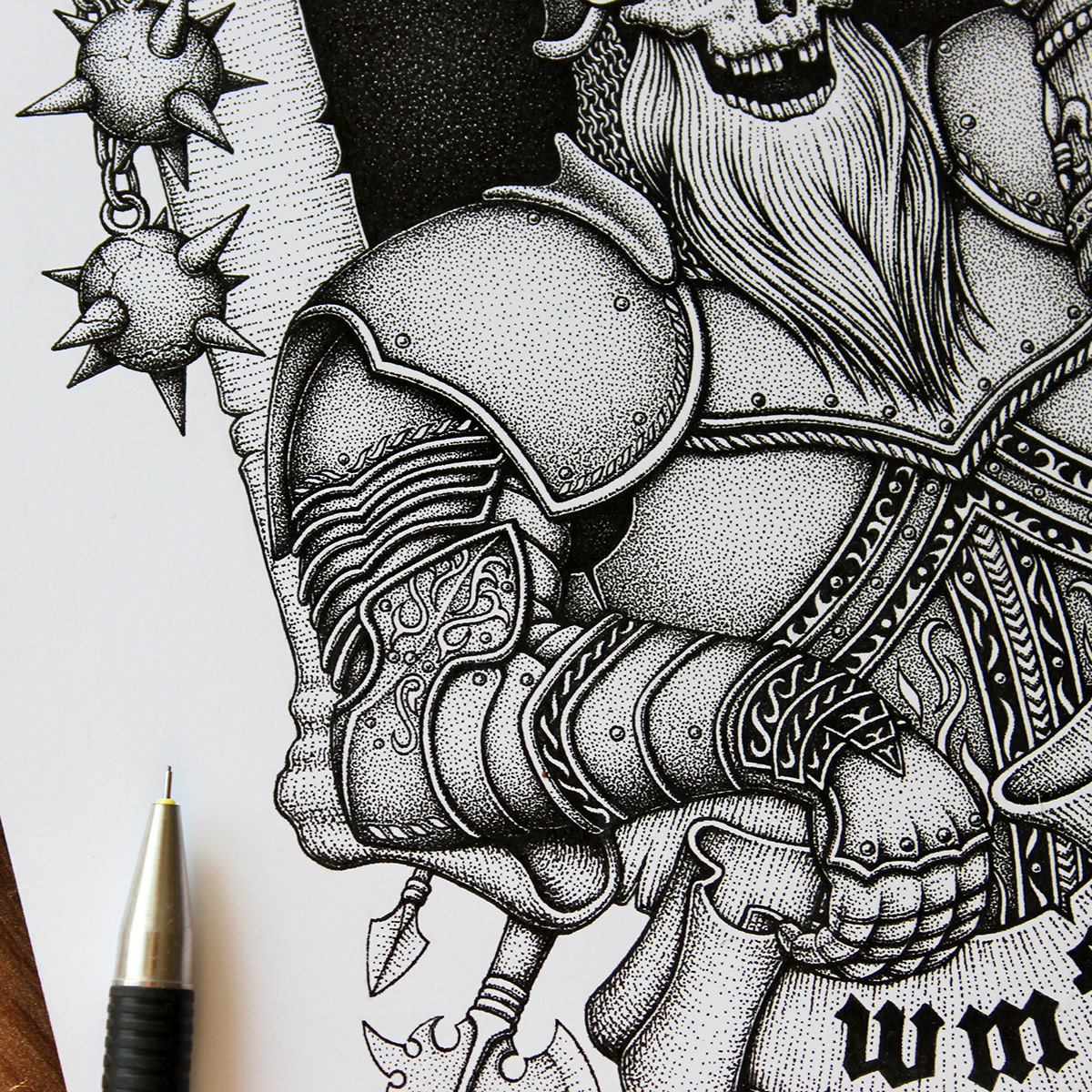 dark art dotwork ink drawing knight medieval Pointillism skeleton skull stippling Tshirt Design