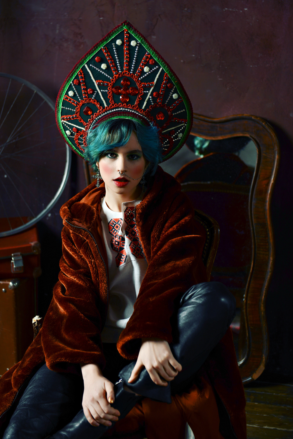 russian tradition Fashion  look girl beauty blue hair punk
