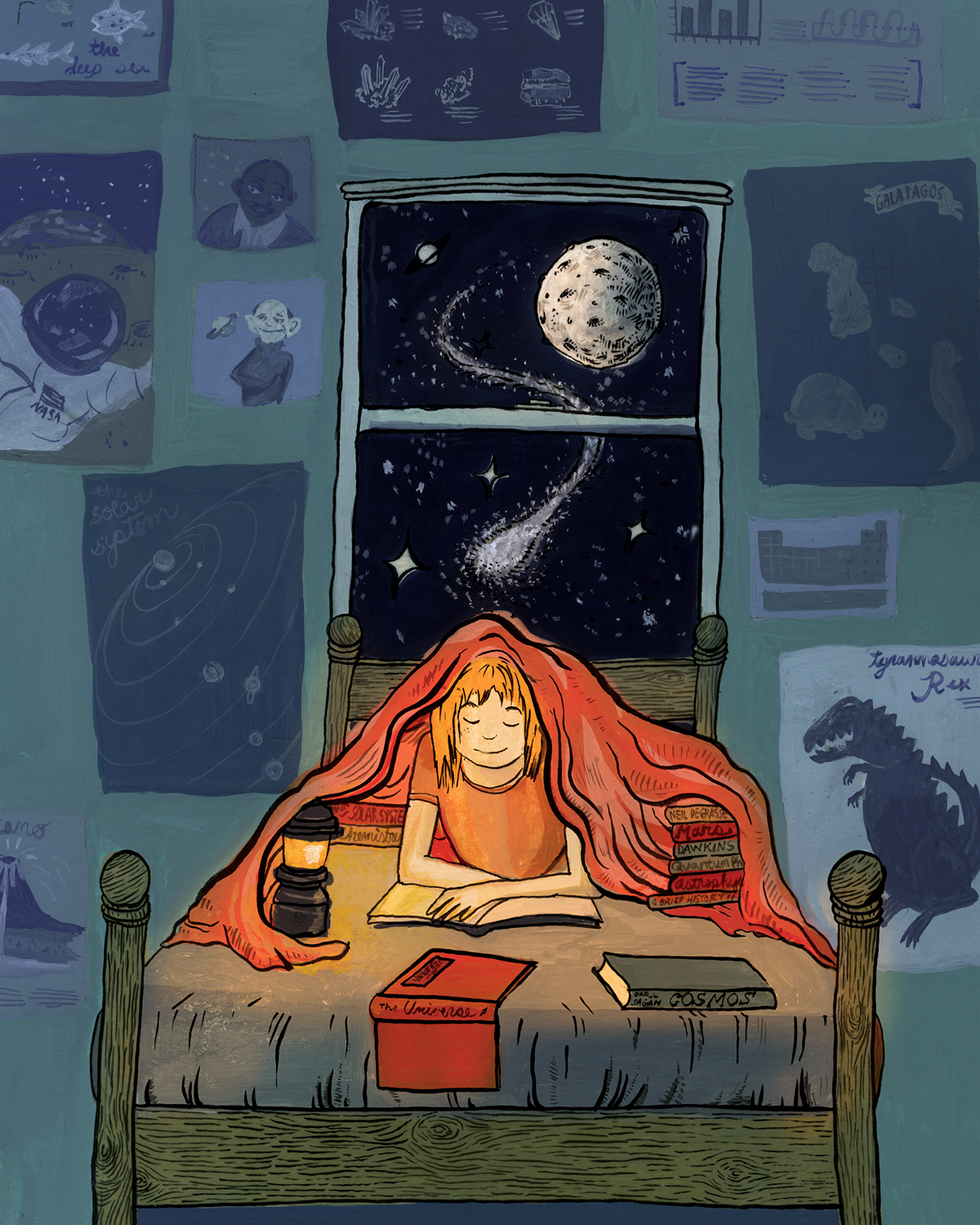 girl becki kozel science stem Reading gouache Education sleep night Space  outer space cosmos Astrophysics mixed media carl sagan