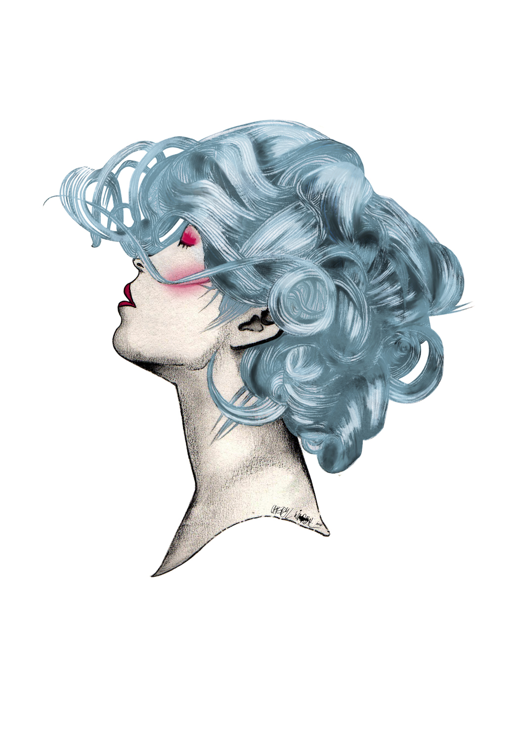 hair curls profile head girl Character fashion illustration cheryl windahl grey blues