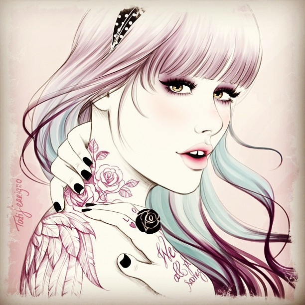 sketch Colored Hair Cat pinup vintage girl Style tattoo