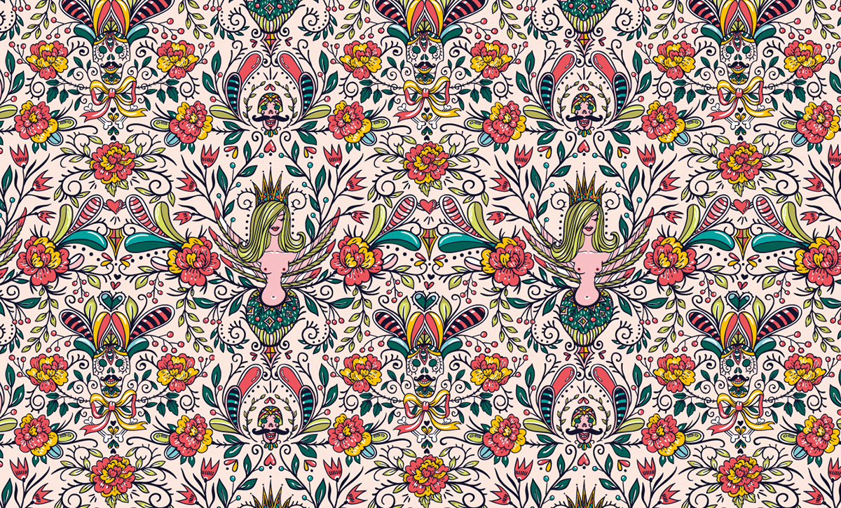 vector seamless vector pattern sketch print textile wallpaper floral vintage rose scull