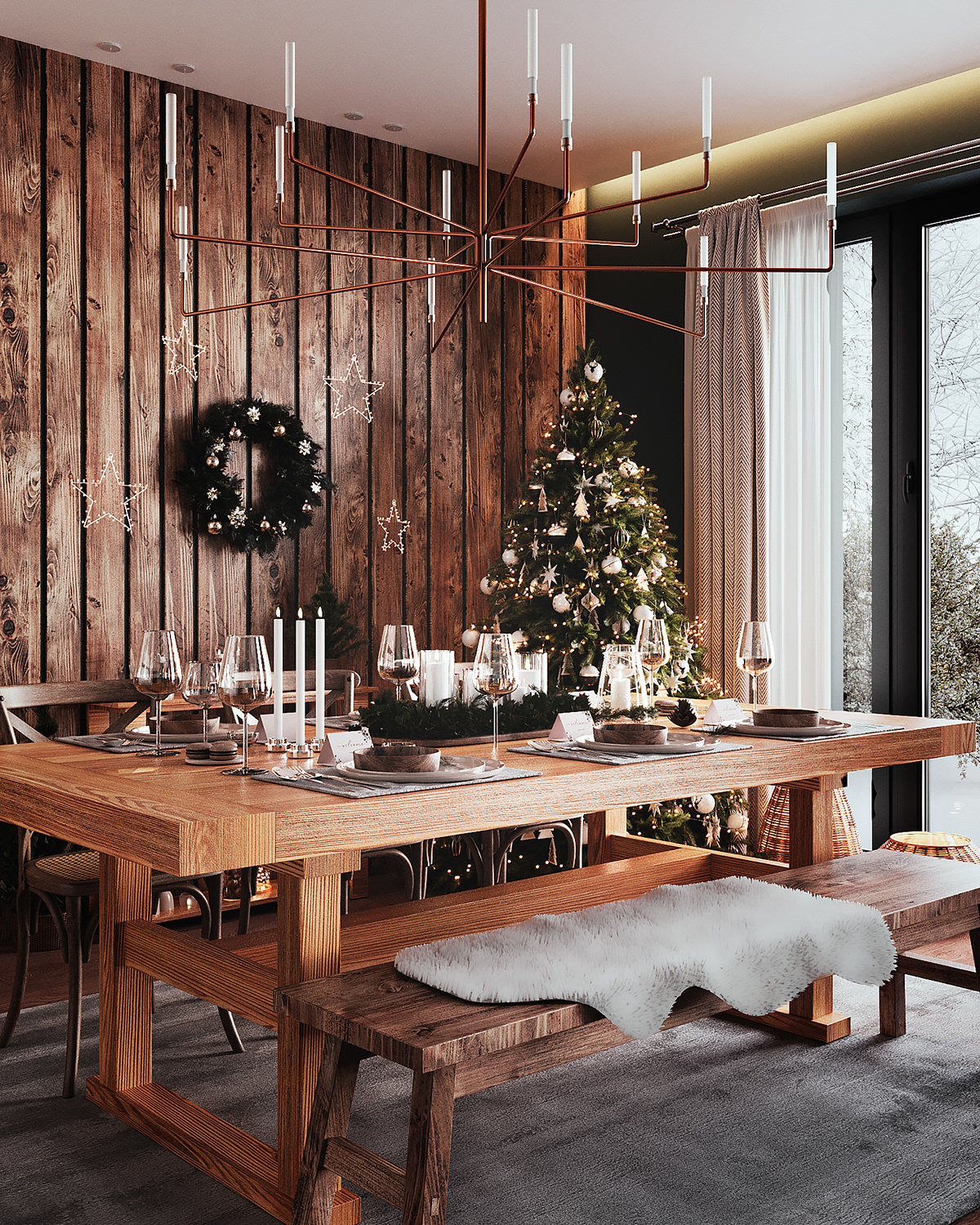 CGI visualization Render archviz interior design  Christmas xmas dining room wooden furniture concept