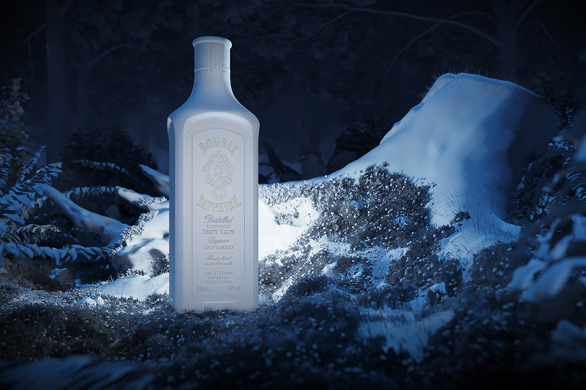 Bombay Sapphire gin alcohol branding  CGart Render photoreal #3dbottle packagedesign productdesign