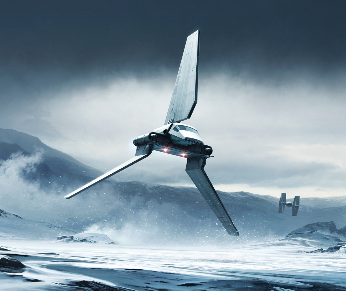 Official limited edition Star Wars Art Print of Imperial Shuttle flying over bleak Hoth snowscape