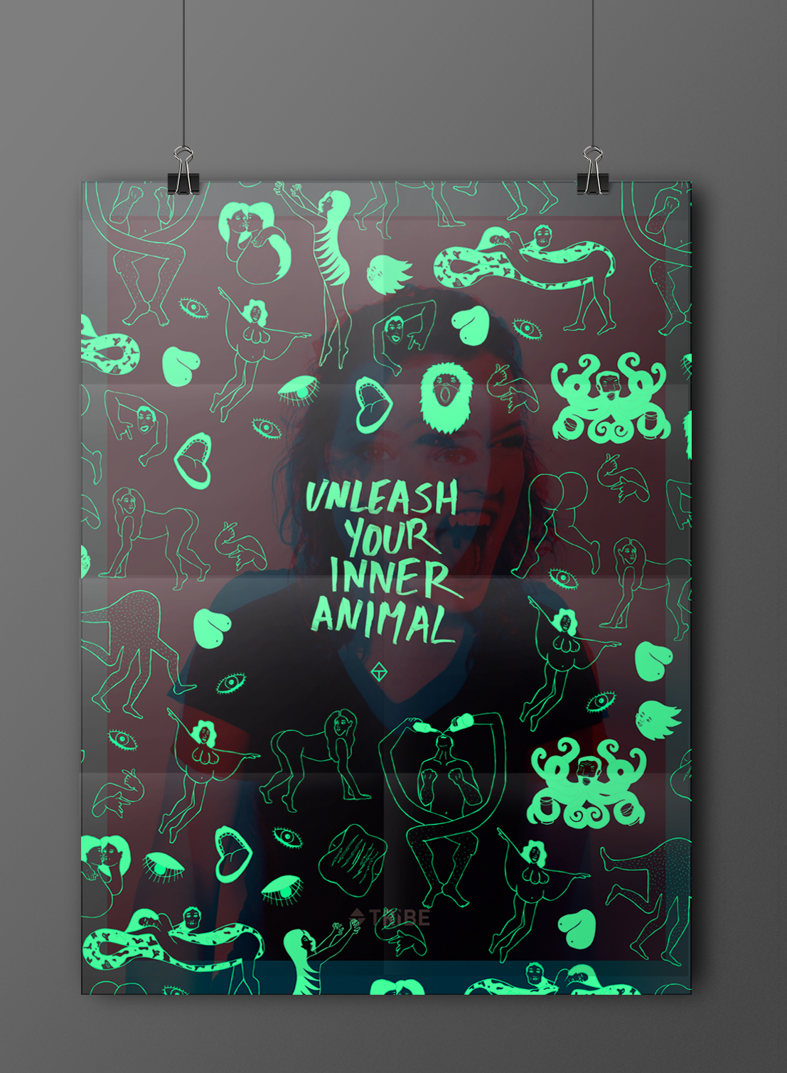 nightclub flyer Promotion acetate fold animal Unleash night glow dark abstract crazy Playful