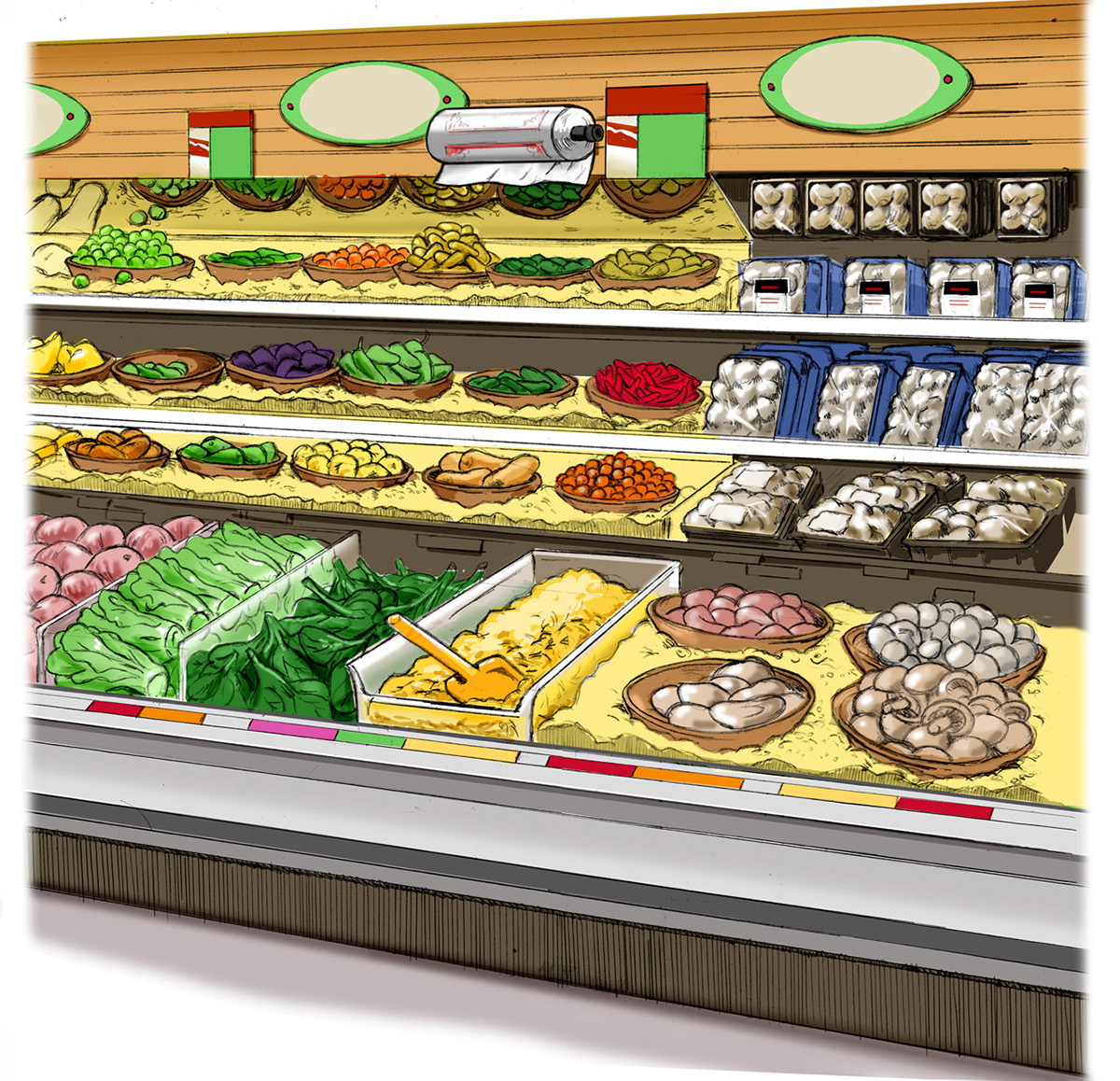 Grocery store Planogram vegetables retail environment merchandising Cartoons planograms endcaps Displays Consumer goods Promotion Point-of-sale