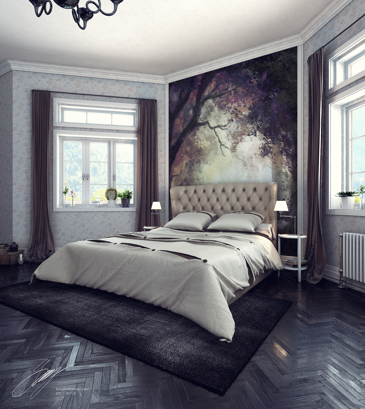 black floor black brown Black Wood wall art Wall draw modern Classic bedroom furniture Tunglex Render vray