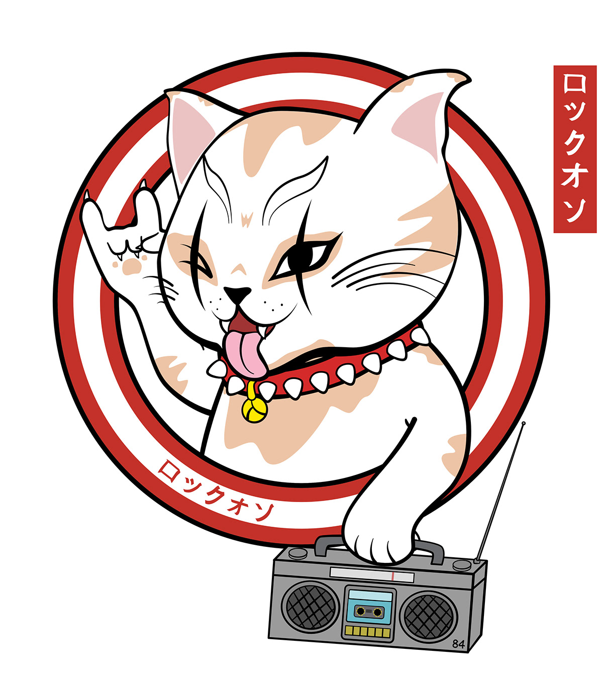 cartoon digital illustration Cat lucky cat maneki neko Katakana japanese kawaii Rock on