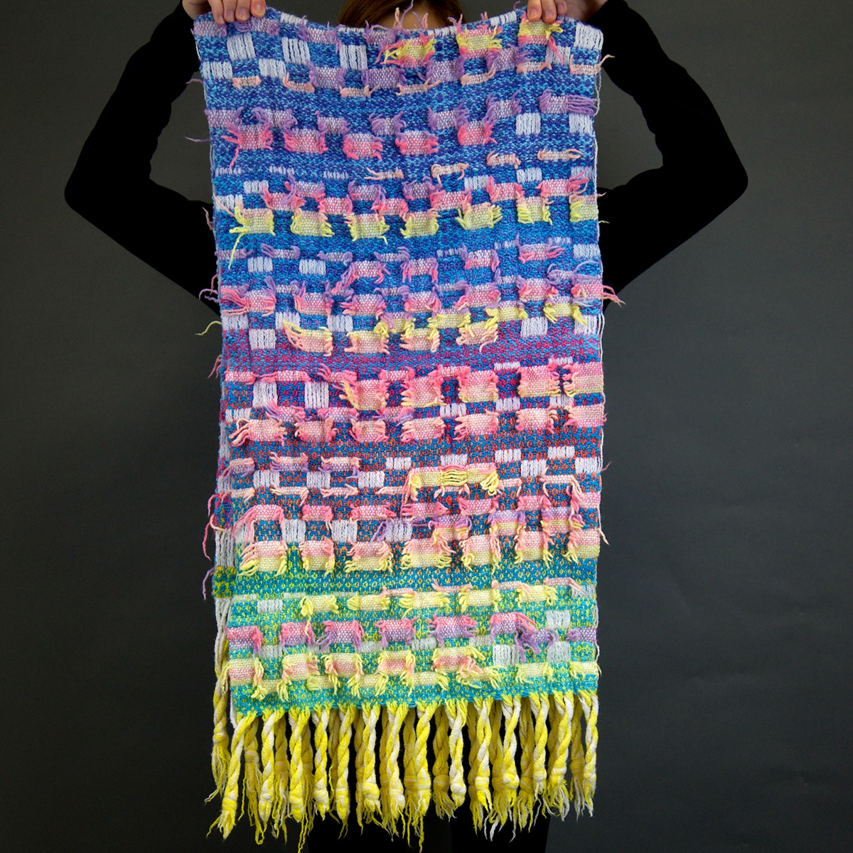scarf shawl collar Woven handwoven dyed Fringe Fur SKY
