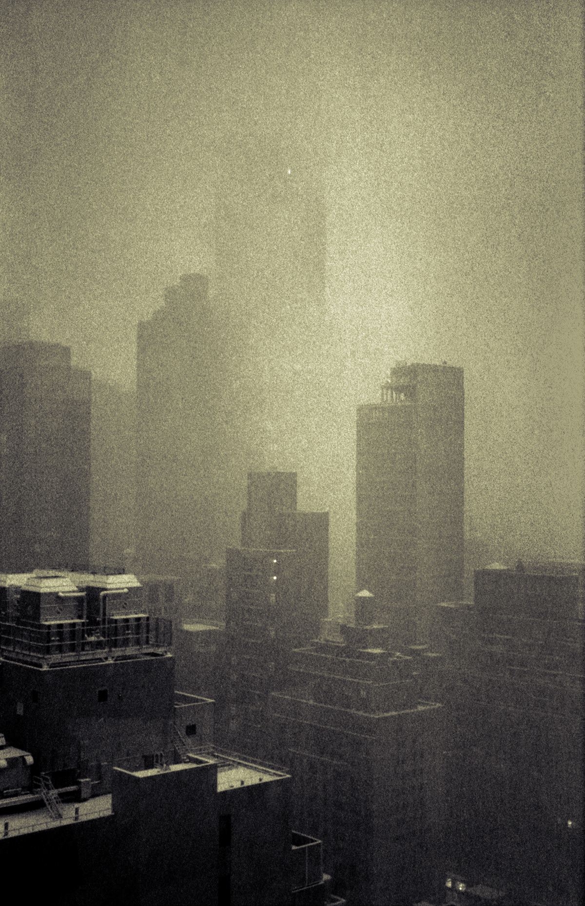 Skyscrapers in a snowstorm in New York City.