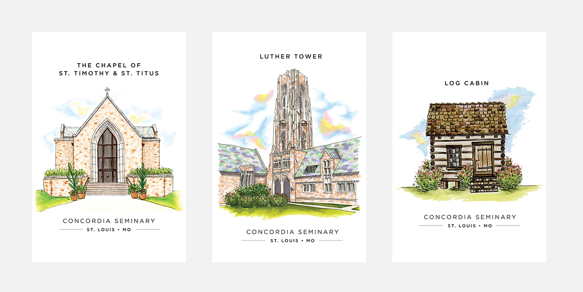 illustrations hand drawn Landmarks promotional items seminary campus