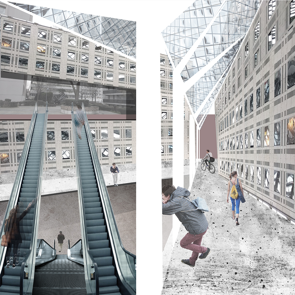 collage 3D atrium Centre Commercial metro mobilité escalator Paris