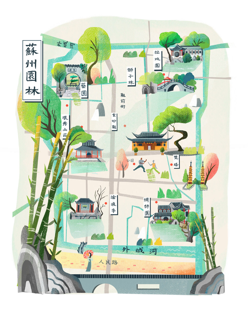 map illustration illustration， Suzhou garden digitalart chineseart map architecture adobeawards