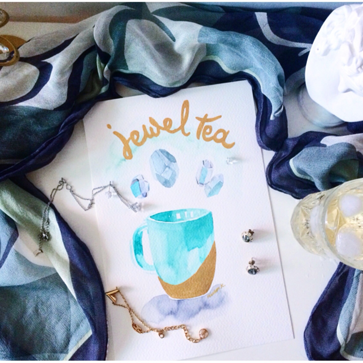 jewelry Jewel tea watercolor gold lettering turqouise tea