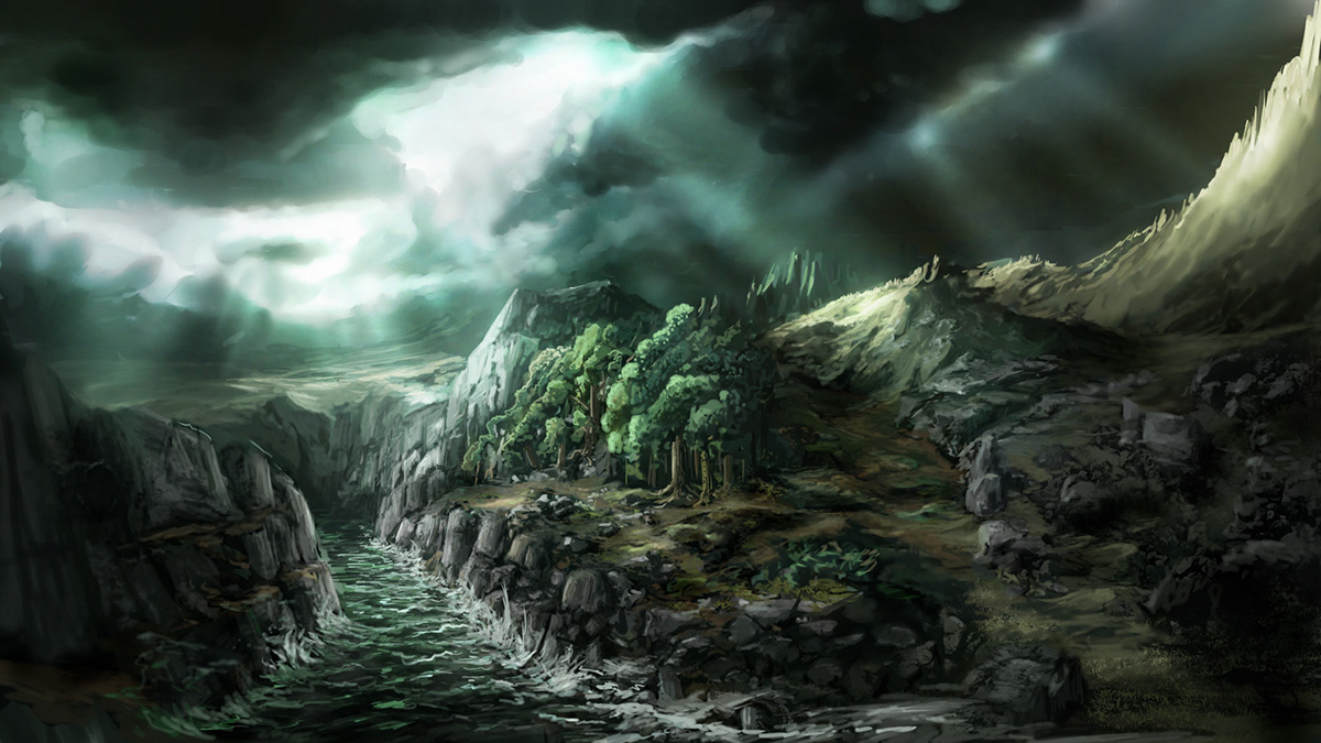 Landscape environment scenery speedpaint concept art river green rocks mountain cliff canyon clouds Sunrays rays light