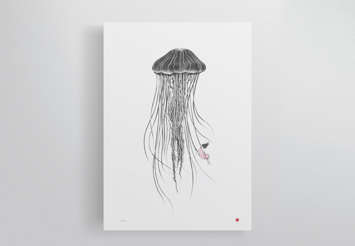 jellyfish anemone sea undersea animals pencil black & white prints poster posters