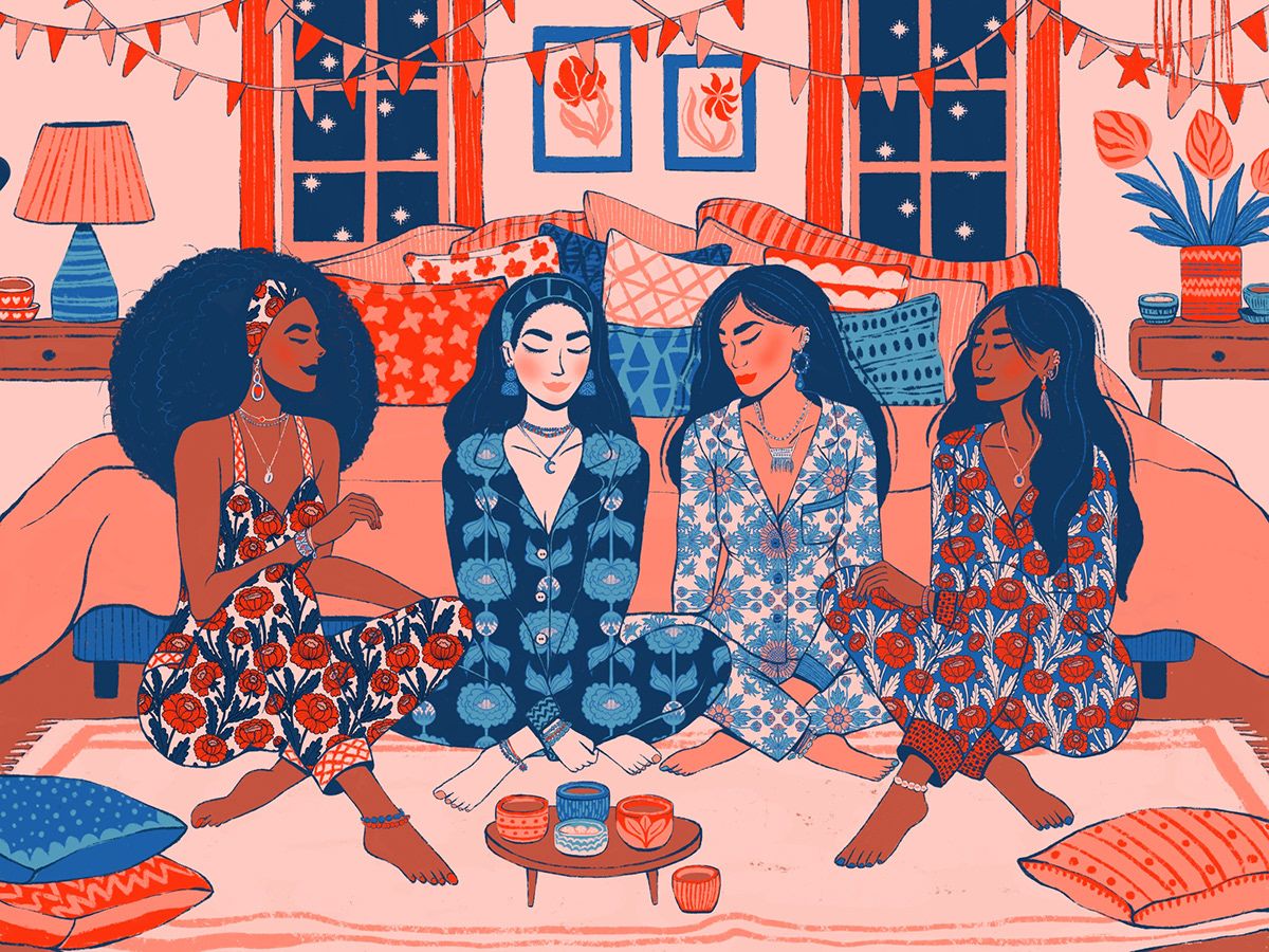 Illustration of women on pajama party in cozy surroundings wearing Victorian Manor Garden Nightwear