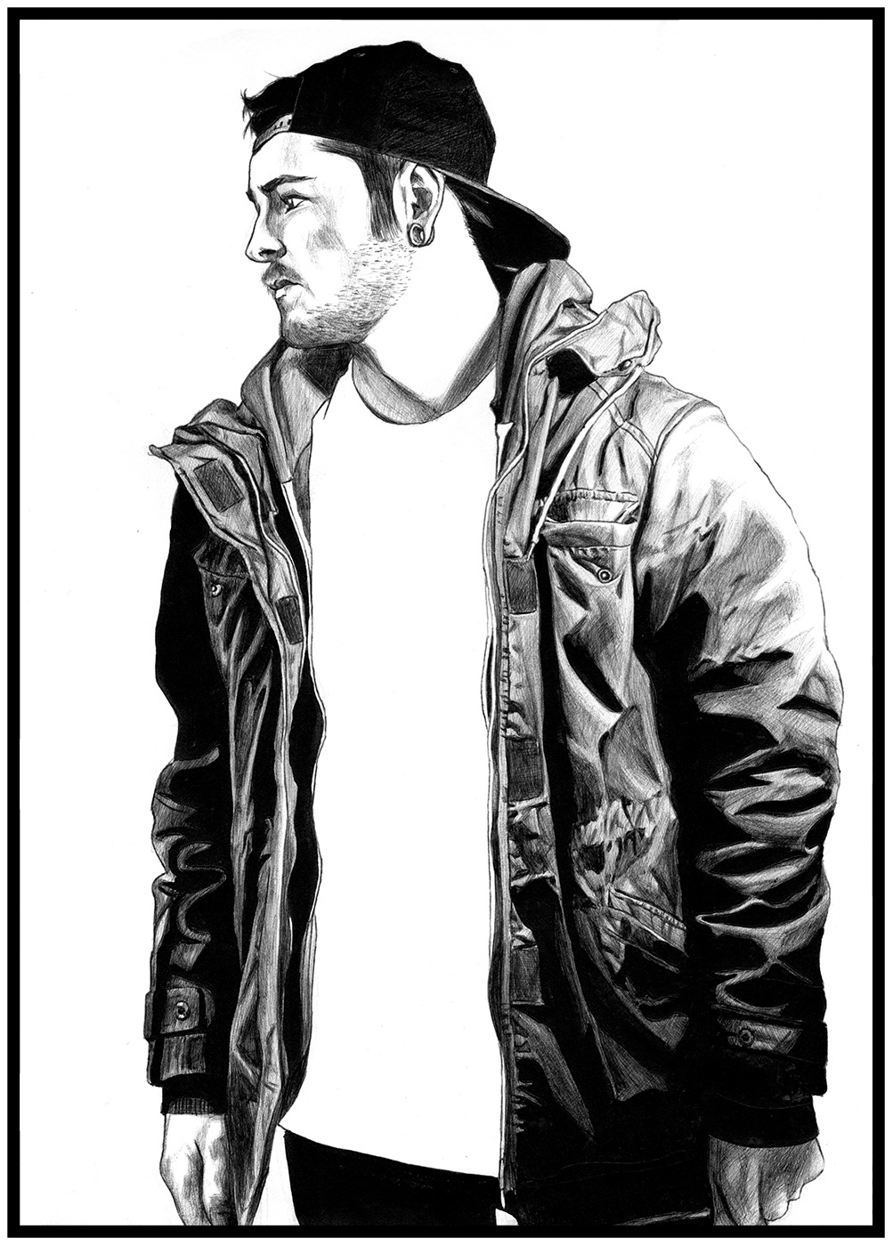 ballpoint pen self portrait shred cap parka portrait male snapback jacket black and white arnold leva