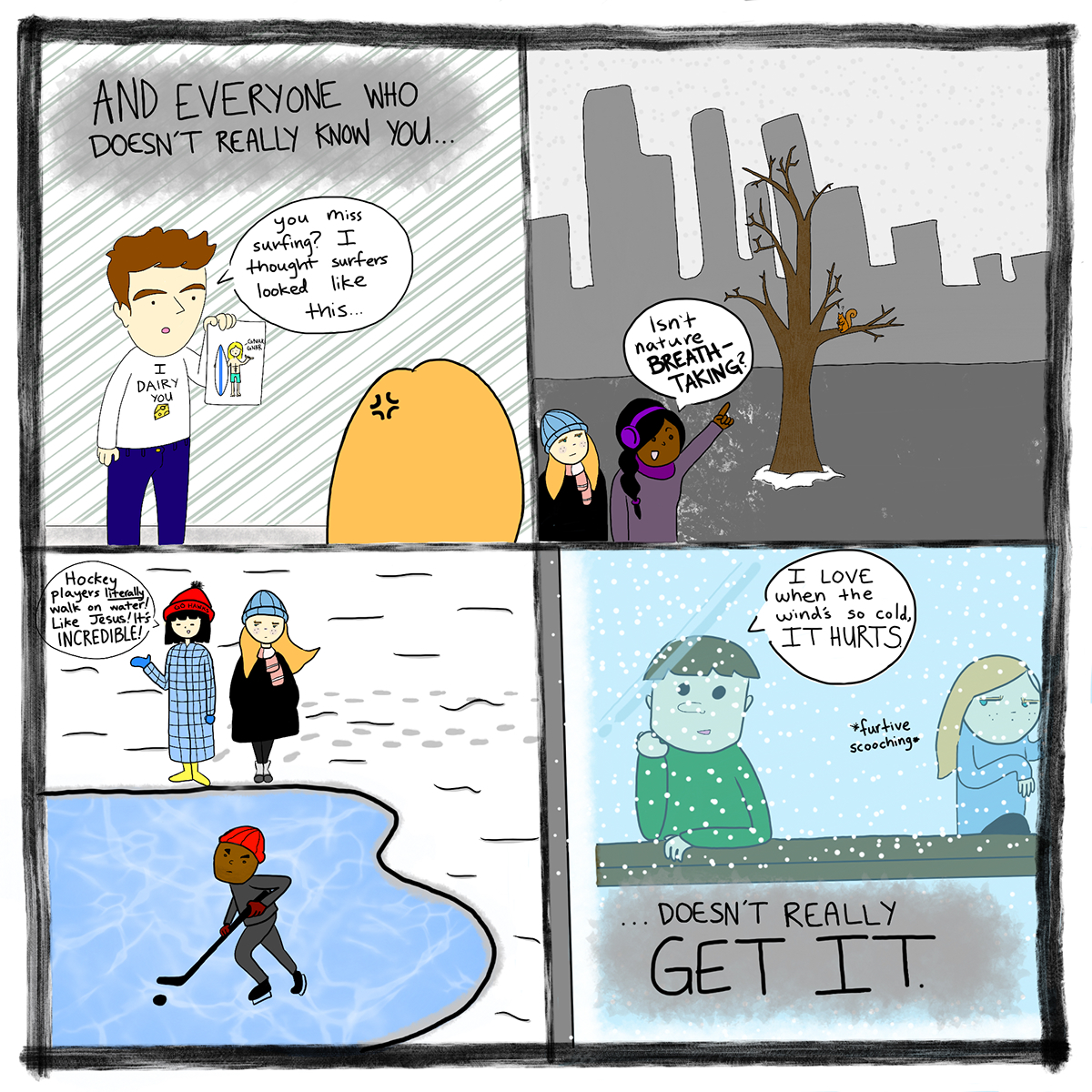 chicago comic Webcomic tinysharks winter cold chilly frozen icy sufer landlocked water Ocean waves