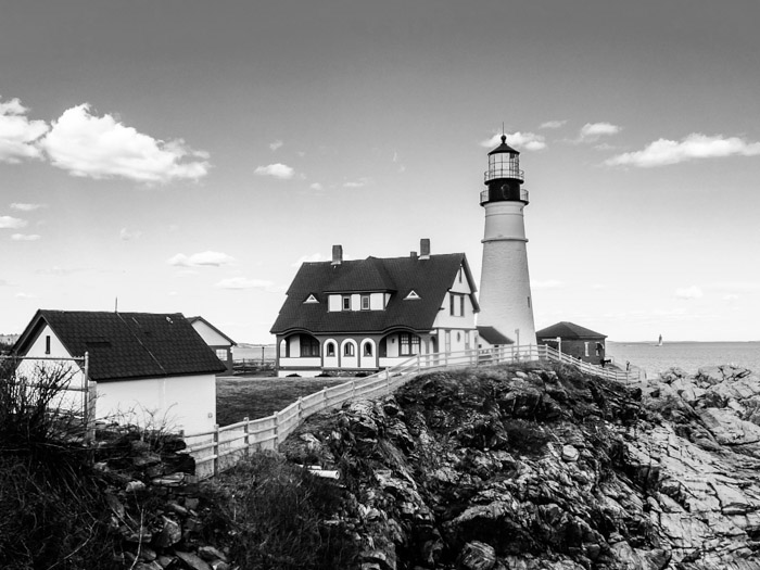 monochrome black & white Maine Coast lighthouse pier robot Technology grunge desconstruction commercial John D. Moore Maine photographer maine photography