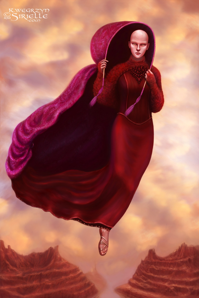 Woman in a red dress flies over a desert