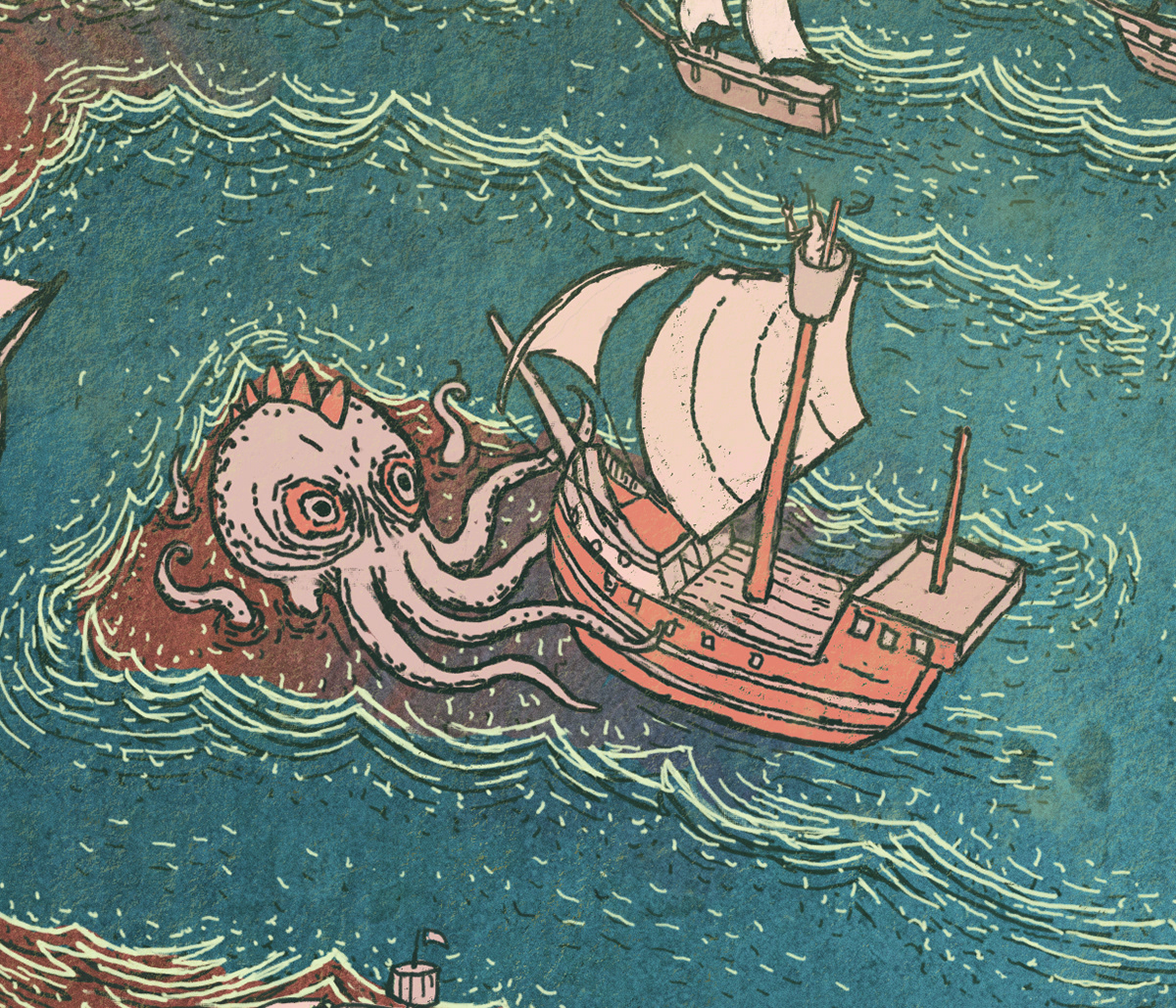maze captain art compass Stock market sea monster ship sailboat lost at sea editorial finance financial economics economy