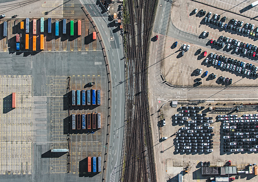 Aerial photo harbour ship container Cars sea railway trade port terminal industry