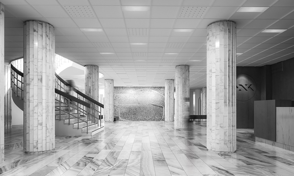 Black and white rendering of a modern staircase and columns in a large building.