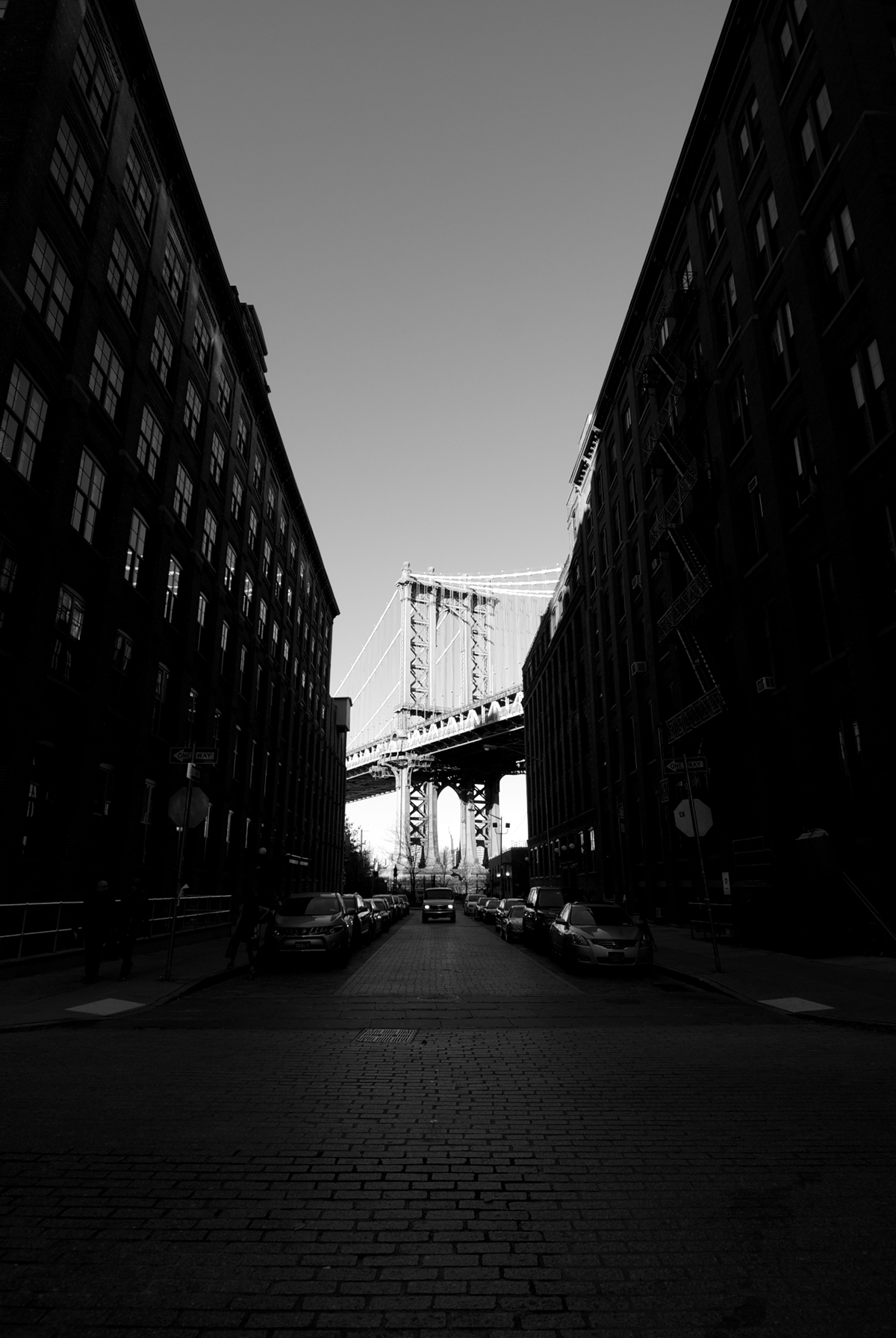 black and white Manhattan bridge light shadow monochrome New York cityscapes buildings usa Brooklyn