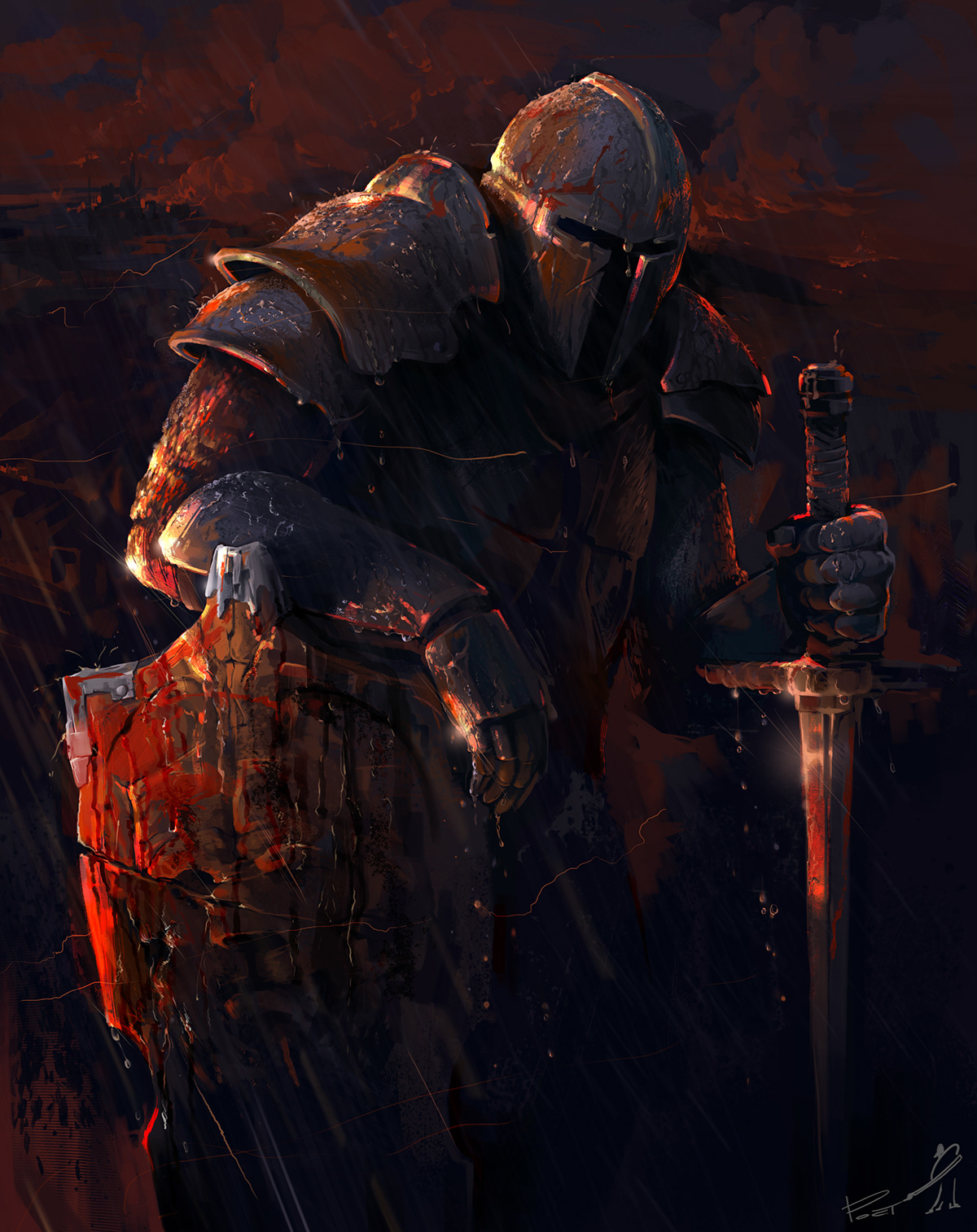ILLUSTRATION  Digital Art  battle warrior blood rain Armor