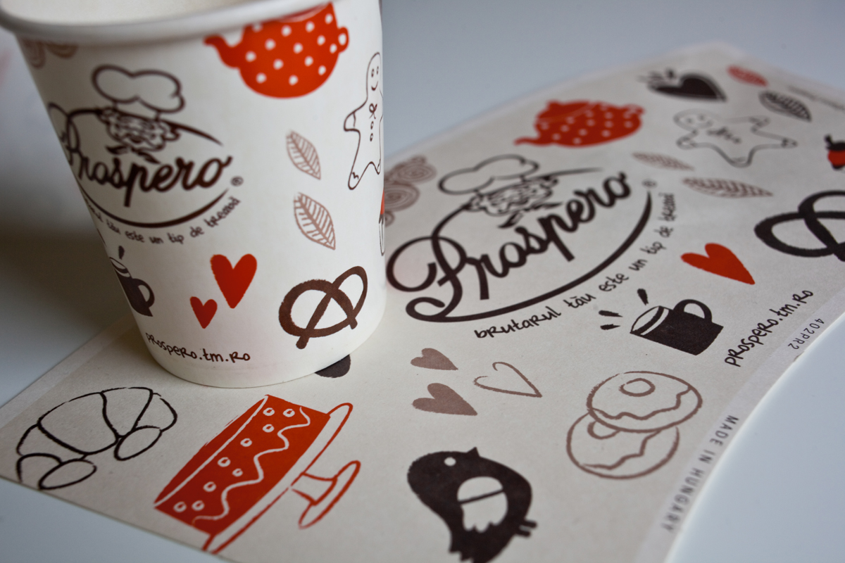 Prospero bakery romania characters identity bread bag store materials red brown traditional rebranding