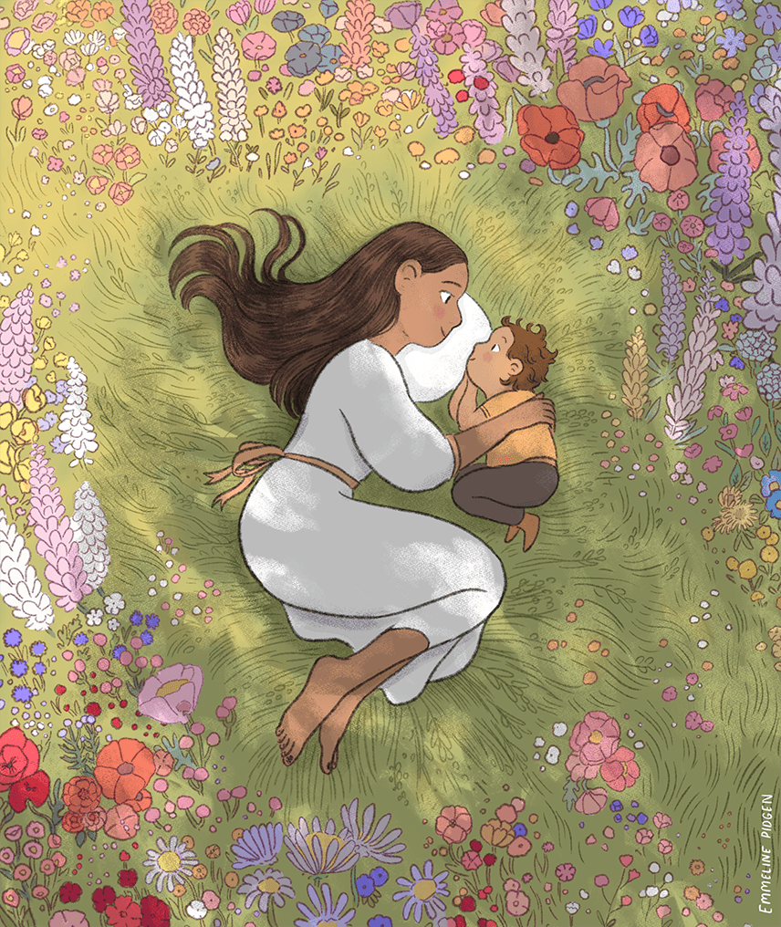 A mother and toddler son lay in a field of wildflowers.