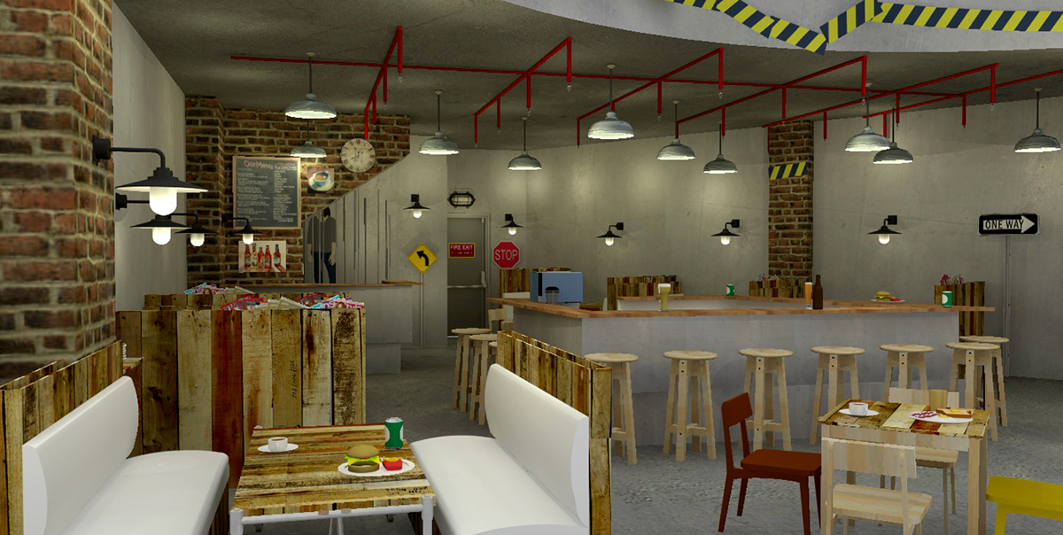Interior design cafe brick cement bare industrial Street reused waste unfinished bar public hangout 3D