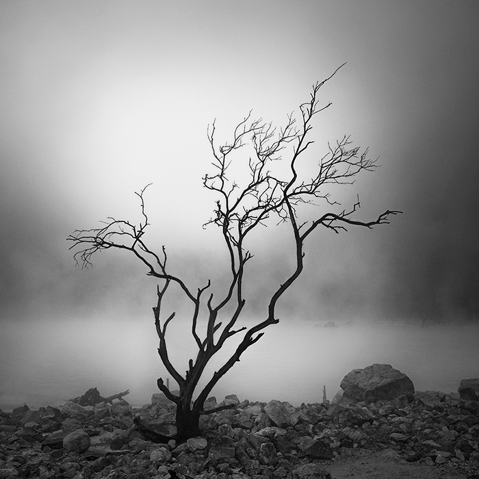 mist fog caldera mystery Mystic surreal black and white
