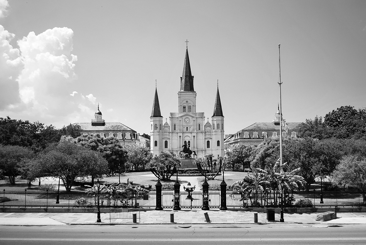 The St. Louis Cathedral and Jackson Square in the French Quarter, New Orleans.