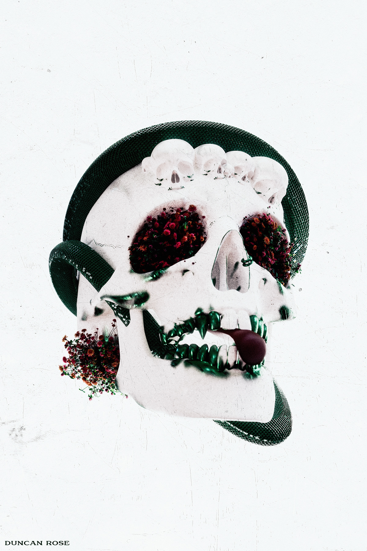 floral Flowers goth green macabre red skull snake tongue White