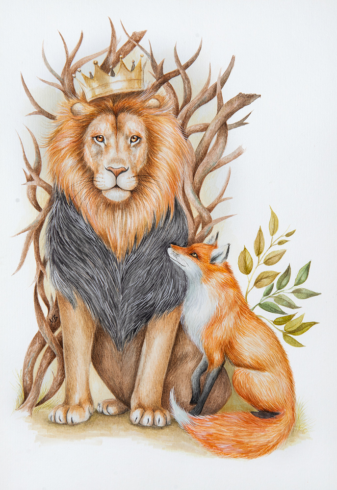watercolor art Cat puss boots lion FOX