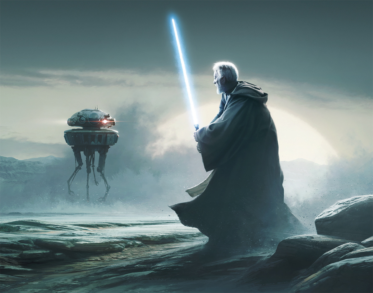 Star Wars Limited edition print featuring Jedi Obi Wan Kenobi and imperial probe droid on Tatooine
