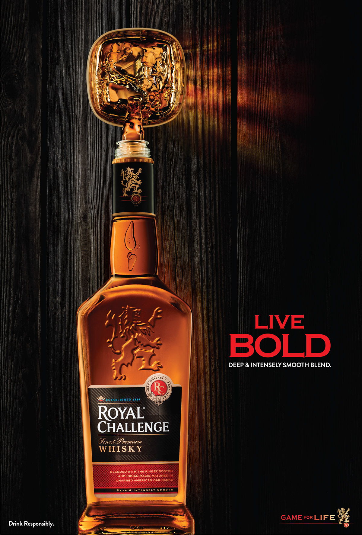 Royal Challenge RC Whiskey Whisky alcohol beverage scotland barrel Cherred American Oak Oak Cask new bottle refraction ice drink responsibly