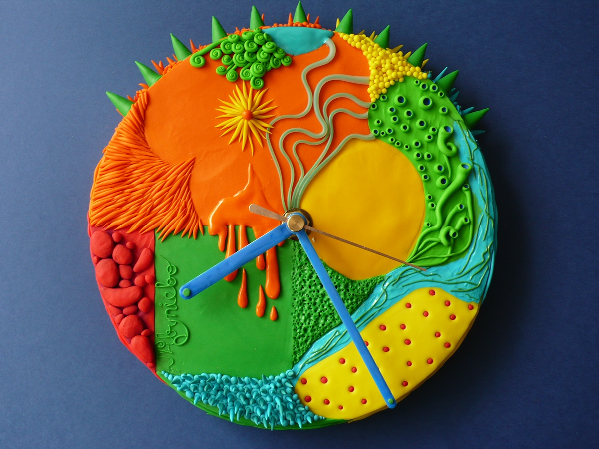 wall clock abstract colorfull fimo polymer clay nibyniebo shapes sculpture art clock vibrant
