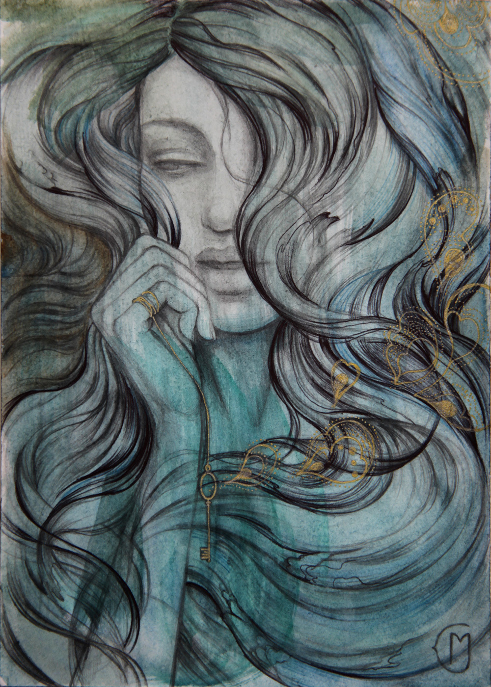 long hair  girl  under water  gold  ink  pencil