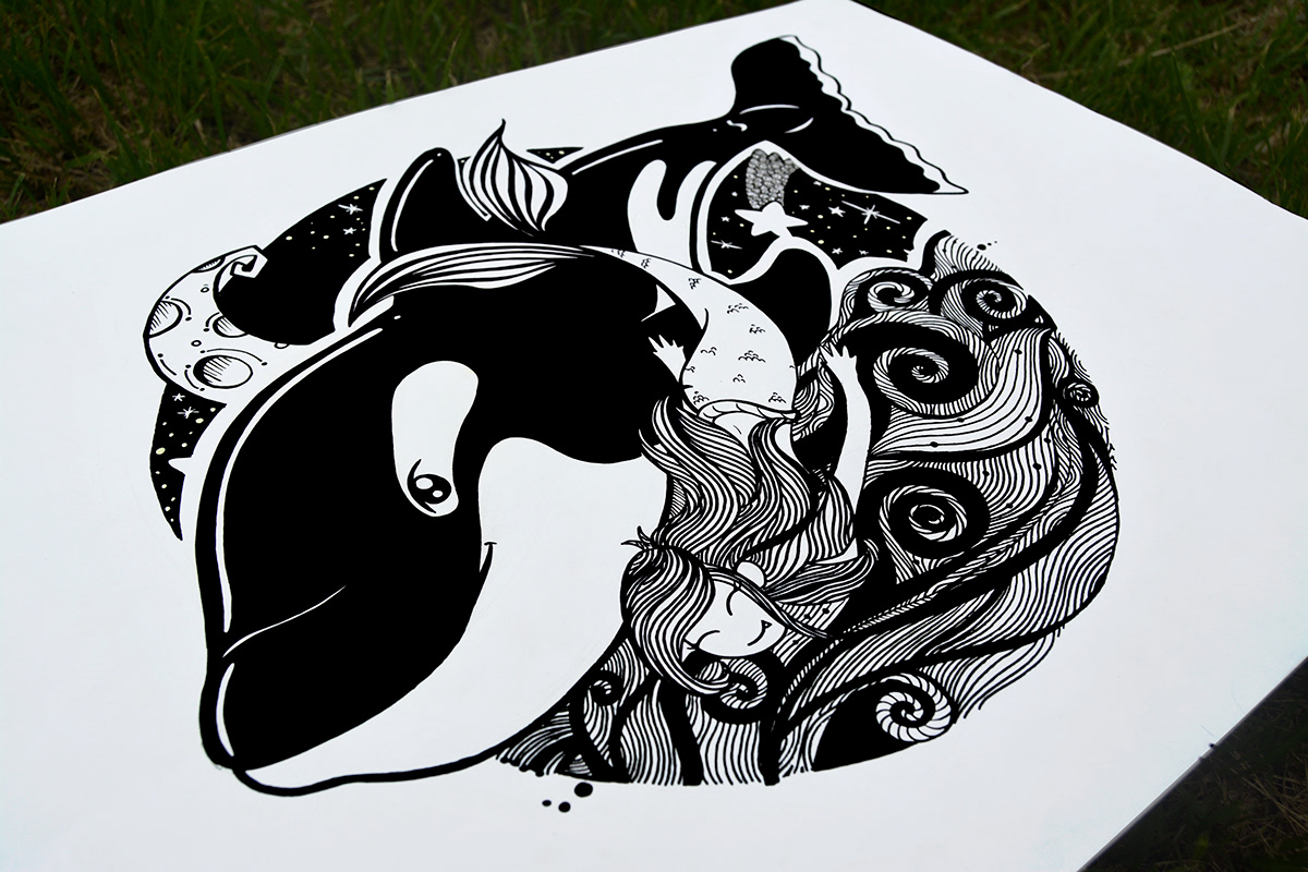 art doodle dibujo draw ilustracion mar sirena ballena Whale OLAS CIelo