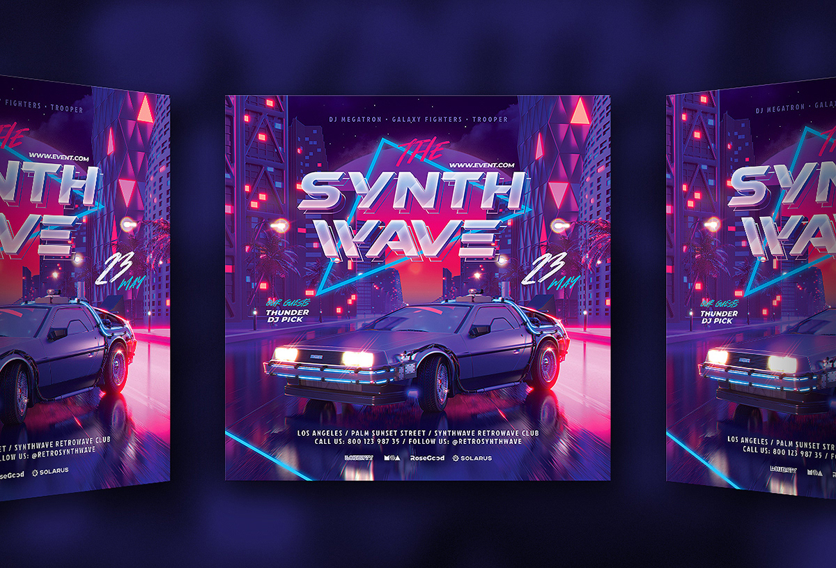 80s DeLorean flyer neon Outrun party Retro SYNTH Synthwave wave