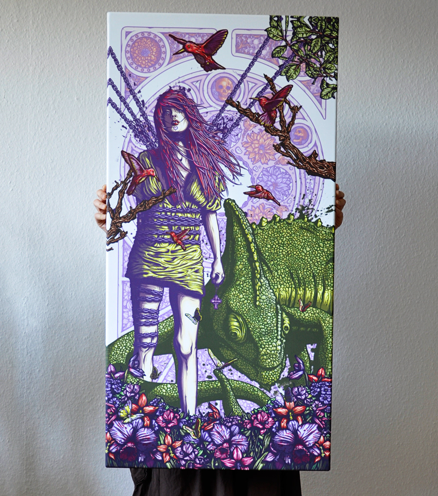 art nouveau purple surreal scenery chameleon woman print