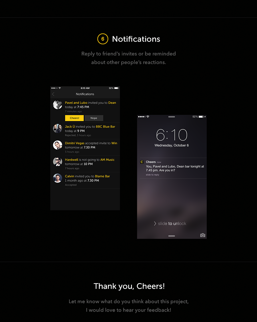 ios iPhone6 cheers concept gamification dark ui UI app application friends grid circles yellow invites user interface