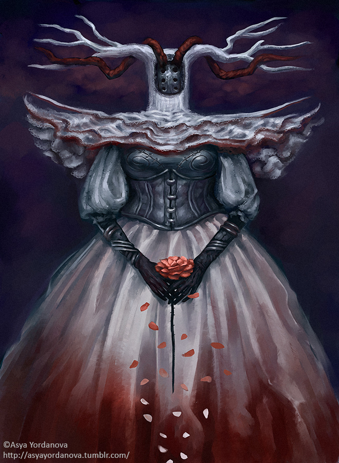 White wedding dark fantasy macabre bride surreal Princess antlers blood iron mask rose