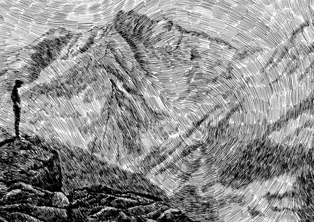 ink  encre  Black  paper White  blanc   noir gravure  etching  montain  montage  rocher  rock  child monochrome