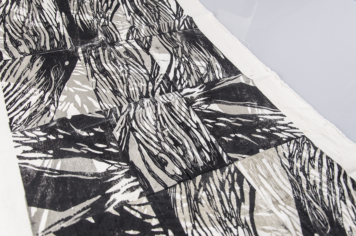 wood woodcut acrylicpaint  print textil fabric Fashion  experiment exploration